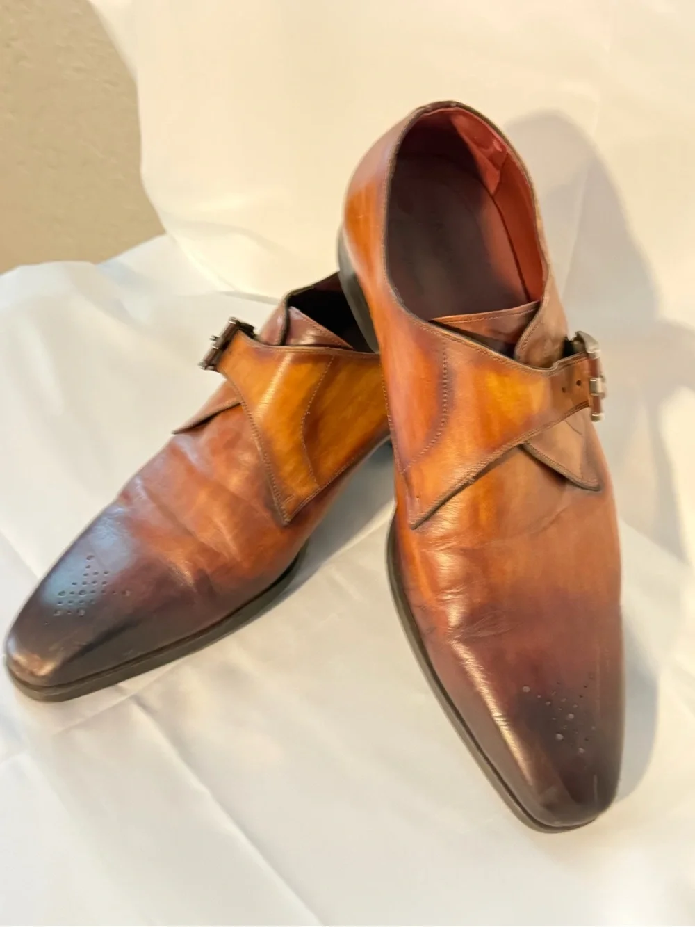 Magnanni Burnished Tan Leather Single Monk Strap Shoes. Neiman Marcus